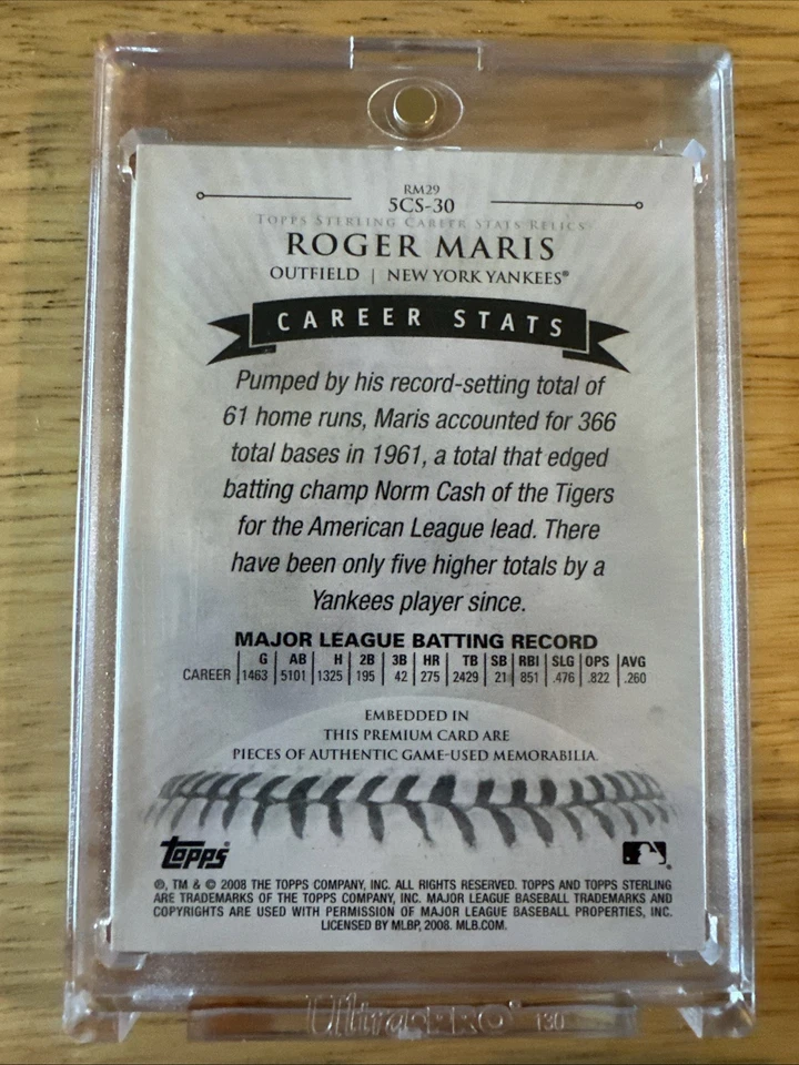 2008 Topps Sterling Roger Maris 1/1 366 Total Bases In 1961 Dual 2 Color Relic - Image 2 of 2