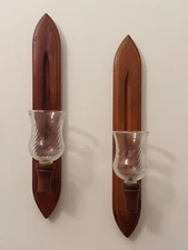 Vintage Pair 2 Homeco Wooden Candle Holder Wall Sconces w / Glass Votive Cups 