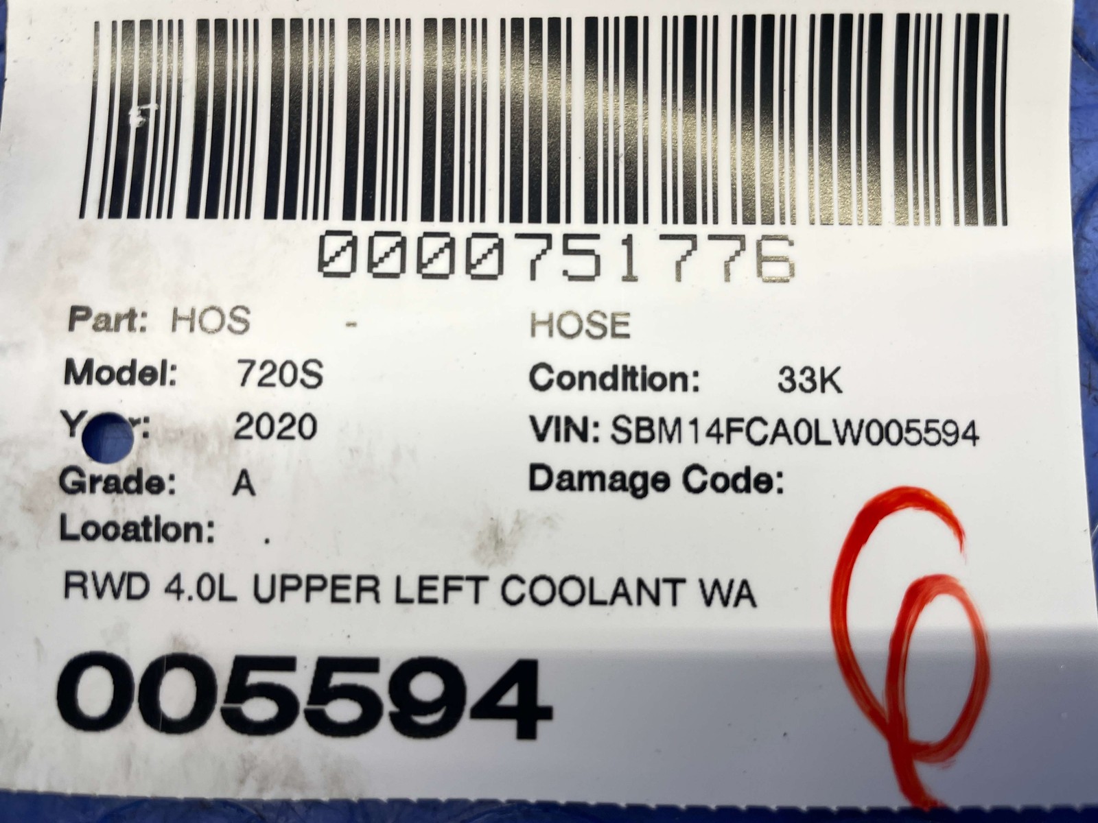 2018-2023 MCLAREN 720S RWD 4.0L UPPER LEFT COOLANT HOSE LINE TUBE PIPE 14F0654CP