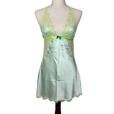 Victoria s Secret Satin Lace Mint Lime Halter Chemise Sz M Angelcore Y2K Fairy