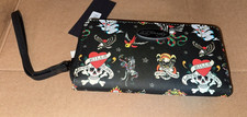 Ed Hardy Tattoo Skulls All Over Print Women  s Wallet Wristlet NEW