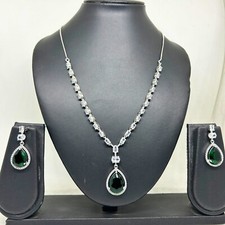 Elegant AD Green Emerald Pendant Necklace with Earrings | Gemstone Jewelry
