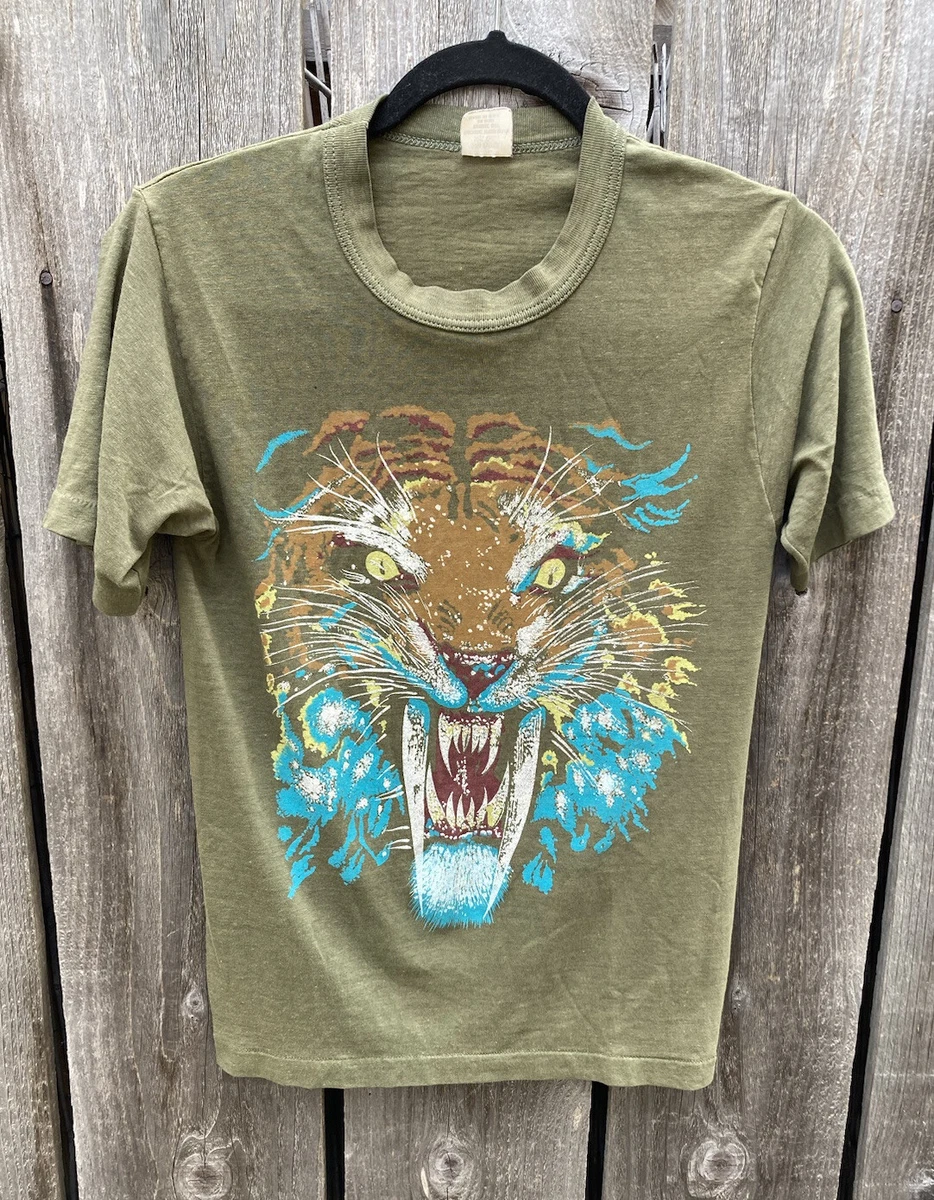 Women's VTG Tiger T-Shirt Green Solid Single Stitch M Crew Cotton Hipster  Animal | eBay