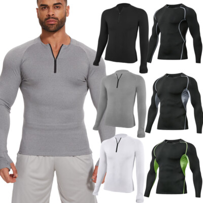 Men s Compression Shirts Long Sleeve Athletic Workout Quick Dry Tops Sports Gym