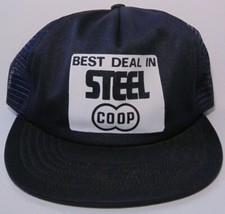 Old Vintage 1980s FARM COOP STEEL Navy Blue SnapBack Trucker Hat Cap Made in USA