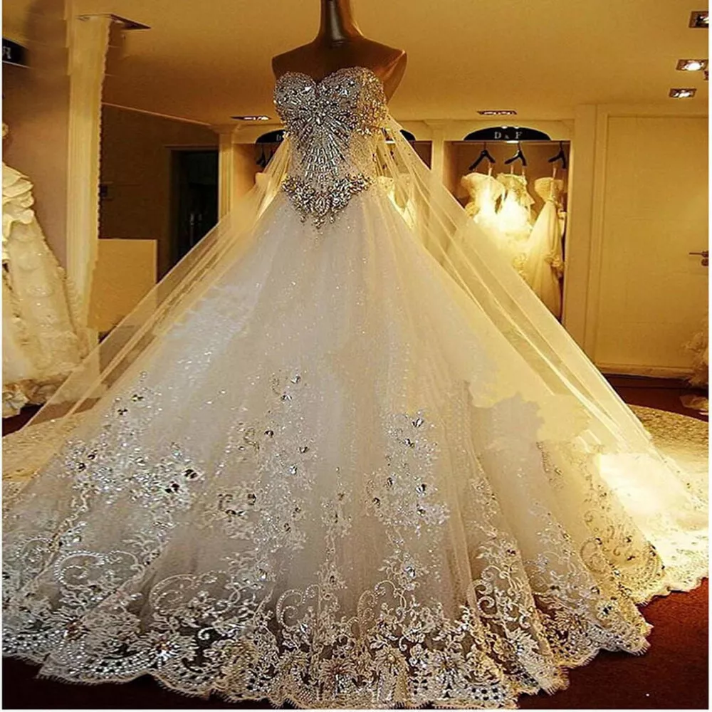 Elegant Crystal Sparkle Ball Wedding Dresses Beading With Detachable Back  Train