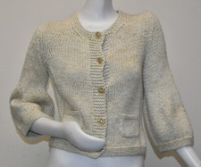 NEW Chanel Cardigan Sweater CASHMERE SILK Green Ivory Chunky Knit CC BUTTONS 38