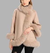 Women's Brand New Oatmeal Beige Cashmere Wool Wrap Cape Jacket Coat Fox Fur