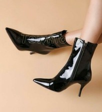 Women Pointy Toe Ankle Boot Kitten Heel Patent Leather Side Zip Shoes All US