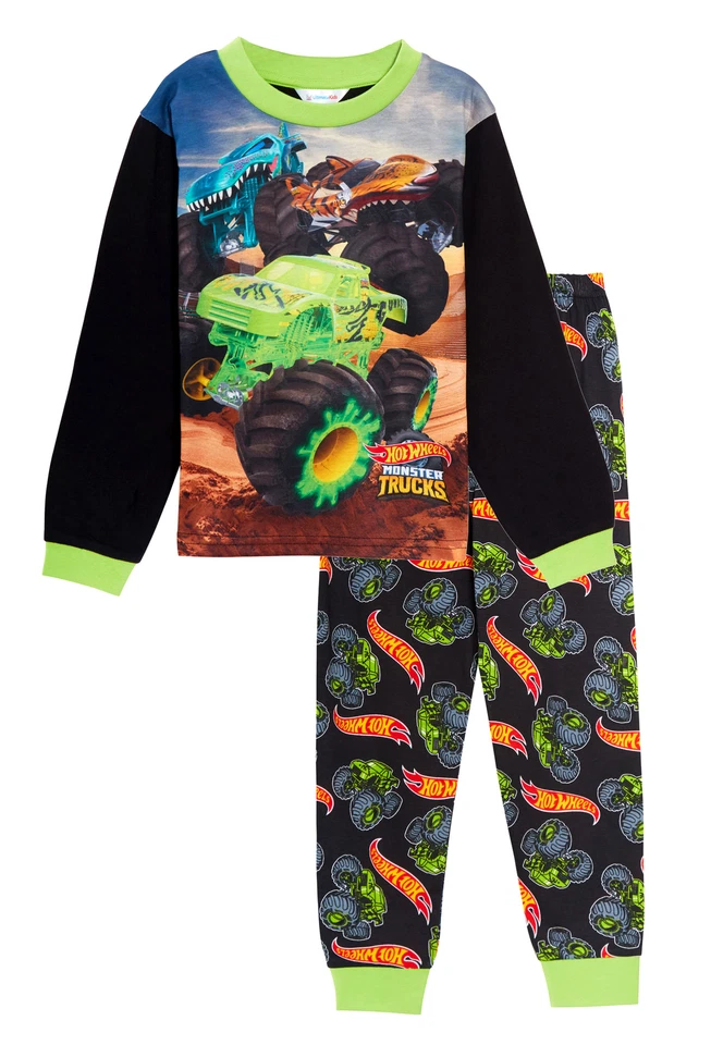 Jungen Hot Wheels Monster Trucks Schlafanzug Kinder Rennwagen Pyjama T-Shirt Loungepants  