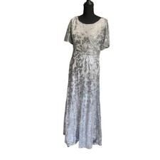 Silver Sequin Floral Maxi Dress Short Sleeve Formal Evening Gown Lace Up Back