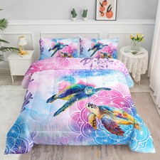 Watercolor Turtle Comforter Bedding Set for Kids Teens,Pink and Blue Ocean Th...