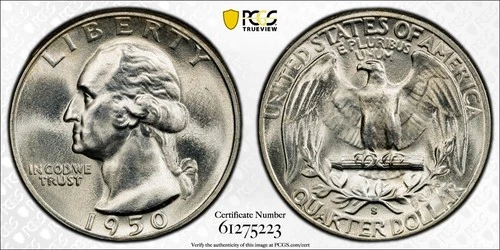 1950-S Washington Silver Quarter 25C PCGS MS66 - Old Glory C&C Weekly 1c Auction