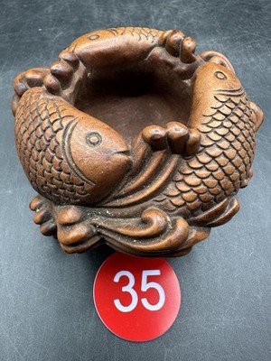 Vintage Japanese Or Chinese Triple Swimming Koi Fish Box Wood Carved Bowl