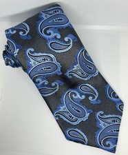 ERMENEGILDO ZEGNA - Smooth Gray Blue Paisley Silk Selvedge Neck Tie RECENT XL