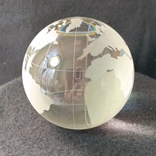 Vintage World Globe Earth Paperweight Etched Frosted Crystal Glass 3.5" Clear