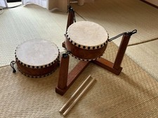 Japanese Taiko Drum Set Flat Drum Pair with Stand and Bachi Sticks Used