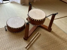 Japanese Taiko Drum Set Flat Drum Pair with Stand and Bachi Sticks Used