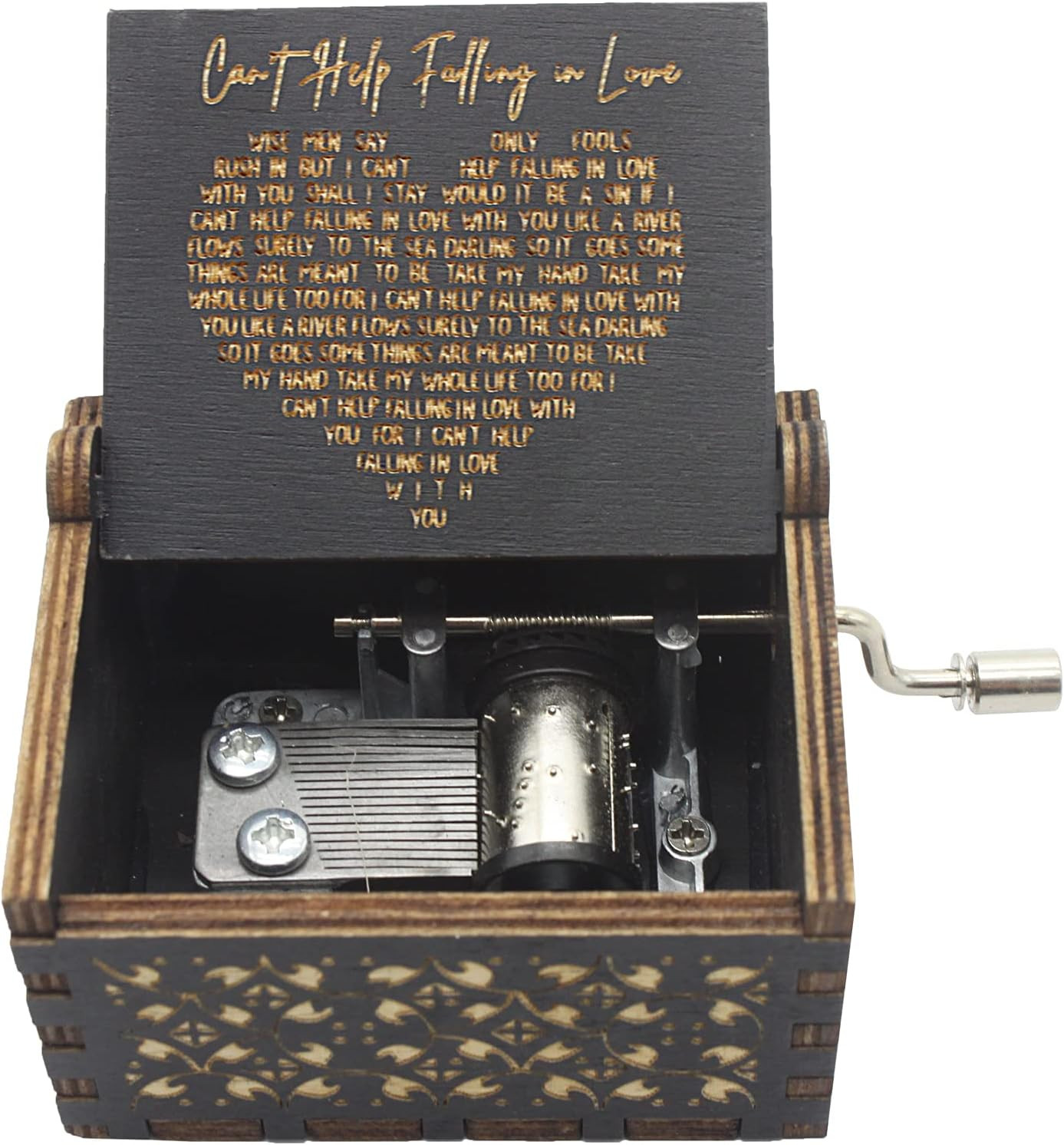 Can’T Help Falling in Love Music Box Black Hand Crank Vintage Wood Carved Musica