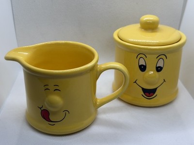 Trade Winds Geschirr lustige Gesichter Milchkännchen & Zuckerdose gelbe Nase 3D Vintage