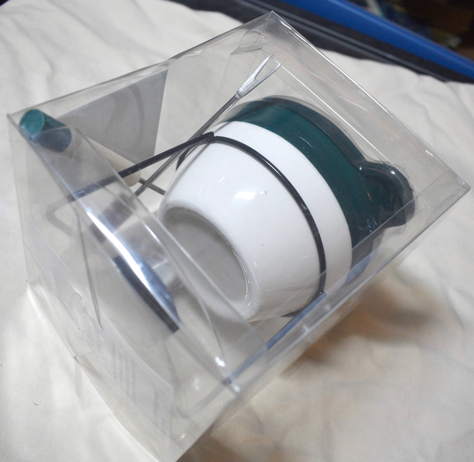 ANKYO Brand Mini Fondue Set-4 Piece-Green/White-Ceramic Pot/Holder-2 Forks NIB