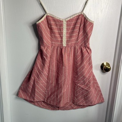C.O.P.E Pink Cream Striped Linen Sundress Adjustable Strap Short M Boho Coastal