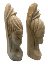 African Soapstone Carving Busts Bookends Heavy Stone Sculptures Damaged Pair