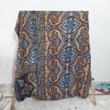 Blue Brown Floral Vintage Kantha Quilt Handmade Indian Cotton Boho Throw Blanket