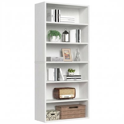 6-Tier Bookcase 63in Adjustable Shelves Anti-Tip Floor Standing White Wood