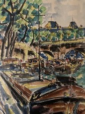 Bella Disegno Pittura Carta Acquerello Battello Senna Paris 1920 Antico Lebourg?