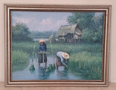 Original Vintage Ölgemälde signiert auf Leinwand Reisbauern Bali Indonesien ?