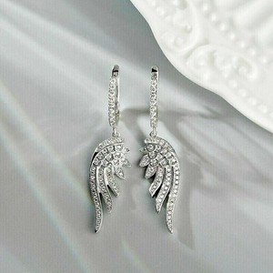 Authentic 2Ct Real Moissanite Feather Angel Wing Hoop Earrings 14K White Gold Plated