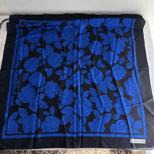 Authentique foulard Christian Dior vintage laminé main noir bleu rose soie 31x31