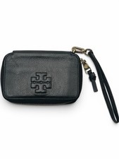 Tory Burch Thea Black Pebbled Leather Zip Around Wristlet Wallet Logo Clutch