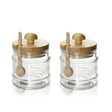 2 barattoli vetro cucina con cucchiaio e tappo legno 8x11cm 300ml
