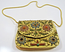 Beautiful Vintage Beaded Evening Clutch Purse Crossbody Floral Metallic PT