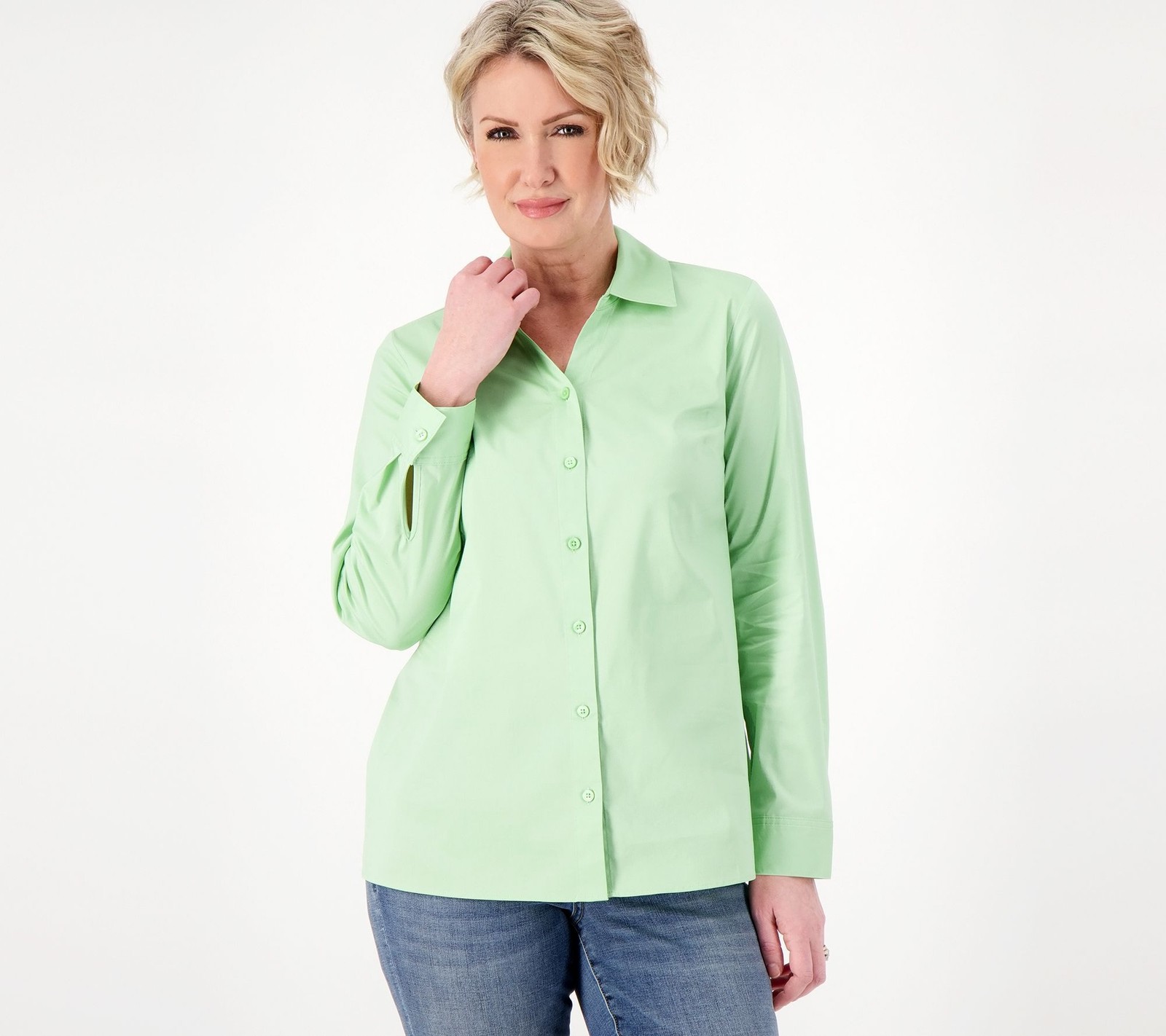 Denim & Co. Women's Top Sz XS Coolmax Button Front Shirt with Side Green A602887