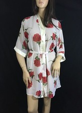 Sheer white robe with red roses  satin trim, Belted  8688 