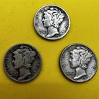 1937 Mercury Dimes 1 Each S, P, D MINT MARKS, 90% FINENESS SILVER COINS