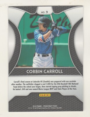 2019 Panini Prizm Draft Picks #9 CORBIN CARROLL RC Rookie Arizona