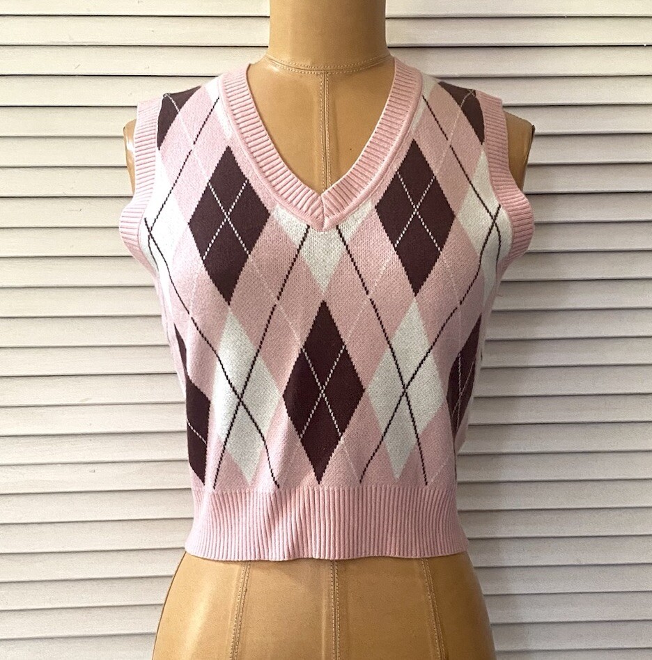 Haute Monde Crop Top Womens Small Pink Argyle Sleeveless Cropped