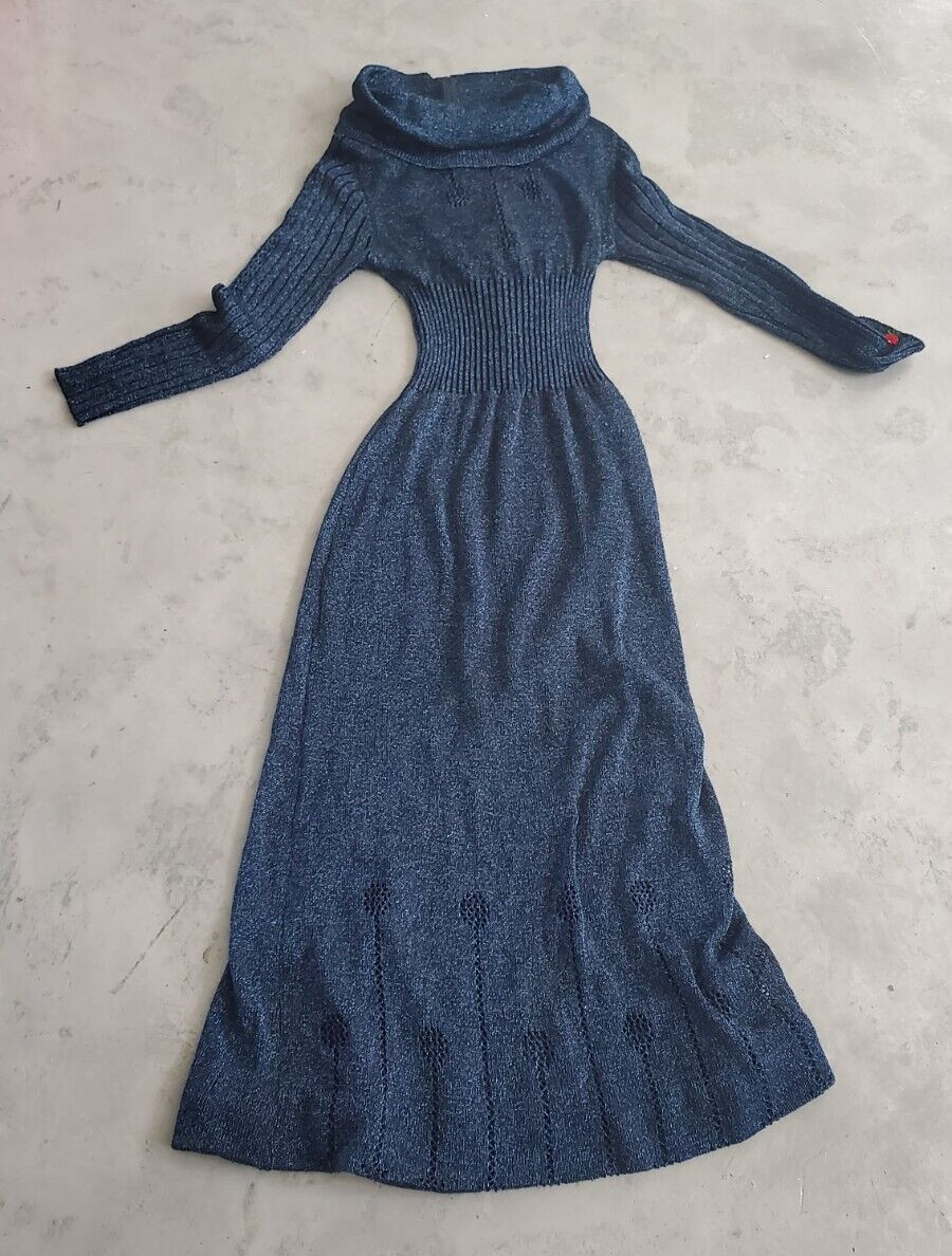 Vintage 70s Disco Wenjilli 5/6 Black Blue Metallic Knit Maxi Dress Cowl Gown S
