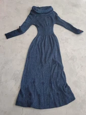 Vintage 70s Disco Wenjilli 5/6 Black Blue Metallic Knit Maxi Dress Cowl Gown S