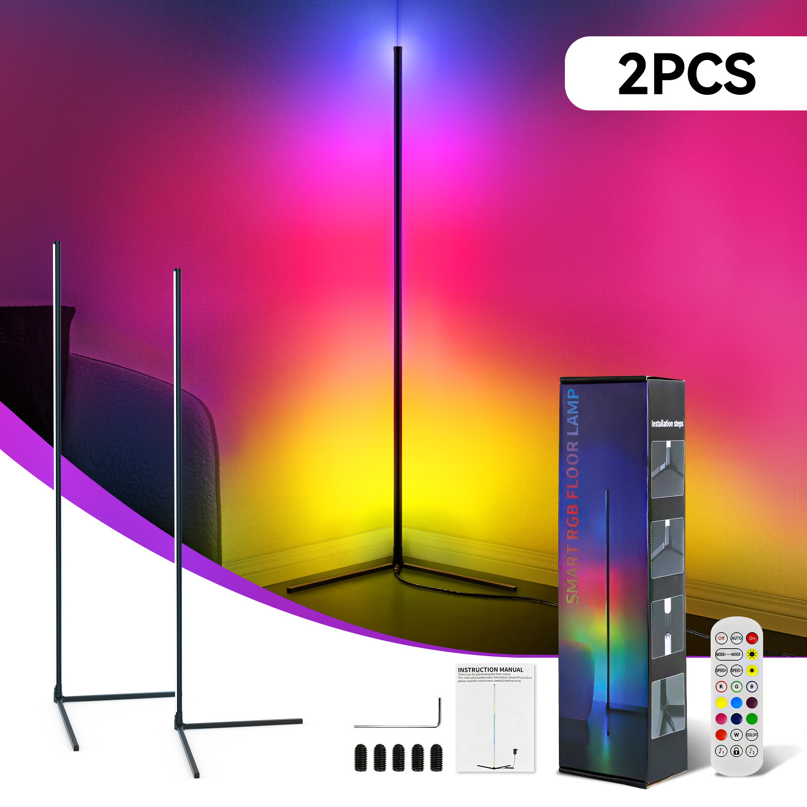 2 Pack RGB LED Corner Floor Lamp with 16 Million Colors and Music Sync for Living Rooms