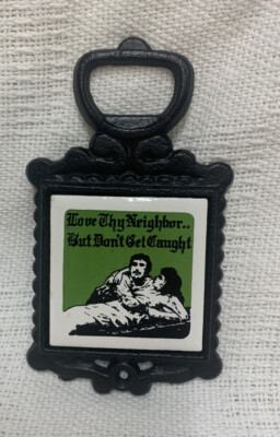 VTG Cast Iron Bottle Opener Love Thy Neighbor Humorous Japan RARE Eclectic