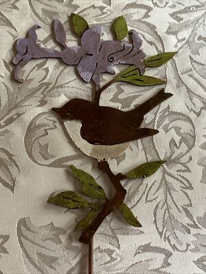 Planter Garden Stake ~  Chickadee Bird on Rhododendron ~ Rustic Metal  ~ New
