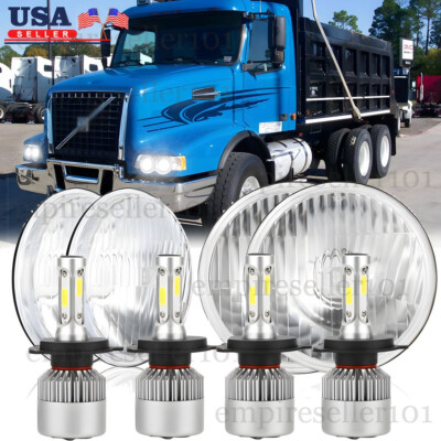4PCS 5.75'' inch LED Headlights & H4 LED Bulb Hi-Low For Volvo VHD 2001-2019