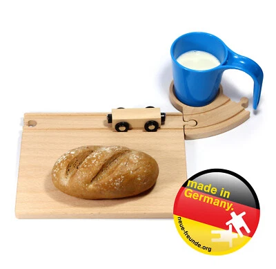 NEUE FREUNDE Eisenbahn Frühstücksset Tasse Schneidebrett Vesperbrettchen Holzeisenbahn Holz