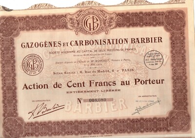 Aktion S.A. Gasogen und Karbonisierung BARBIER, 100 Franken, von 1927