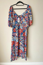Quiz Midi Dress Blue Coral Floral Print Puff Sleeve Split Front UK 12 💖 BNWT